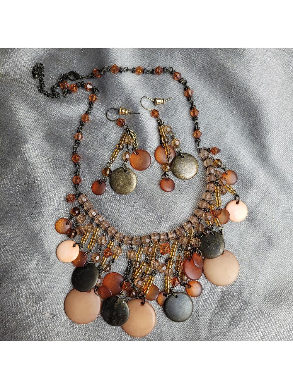 Vintage Style Brown and Amber Beaded Necklace with Matching Earrings Set